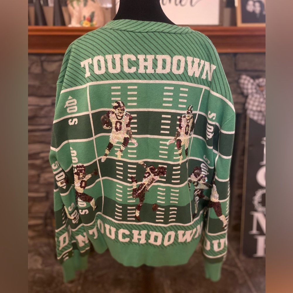 QUEEN OF SPARKLES Green Sequin Football Touchdown Cardigan - Picture 16 of 16